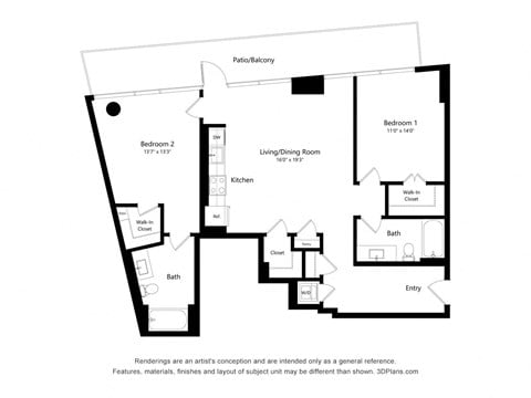 Floor plan for 2 beds, 2 baths, 1140 sqft